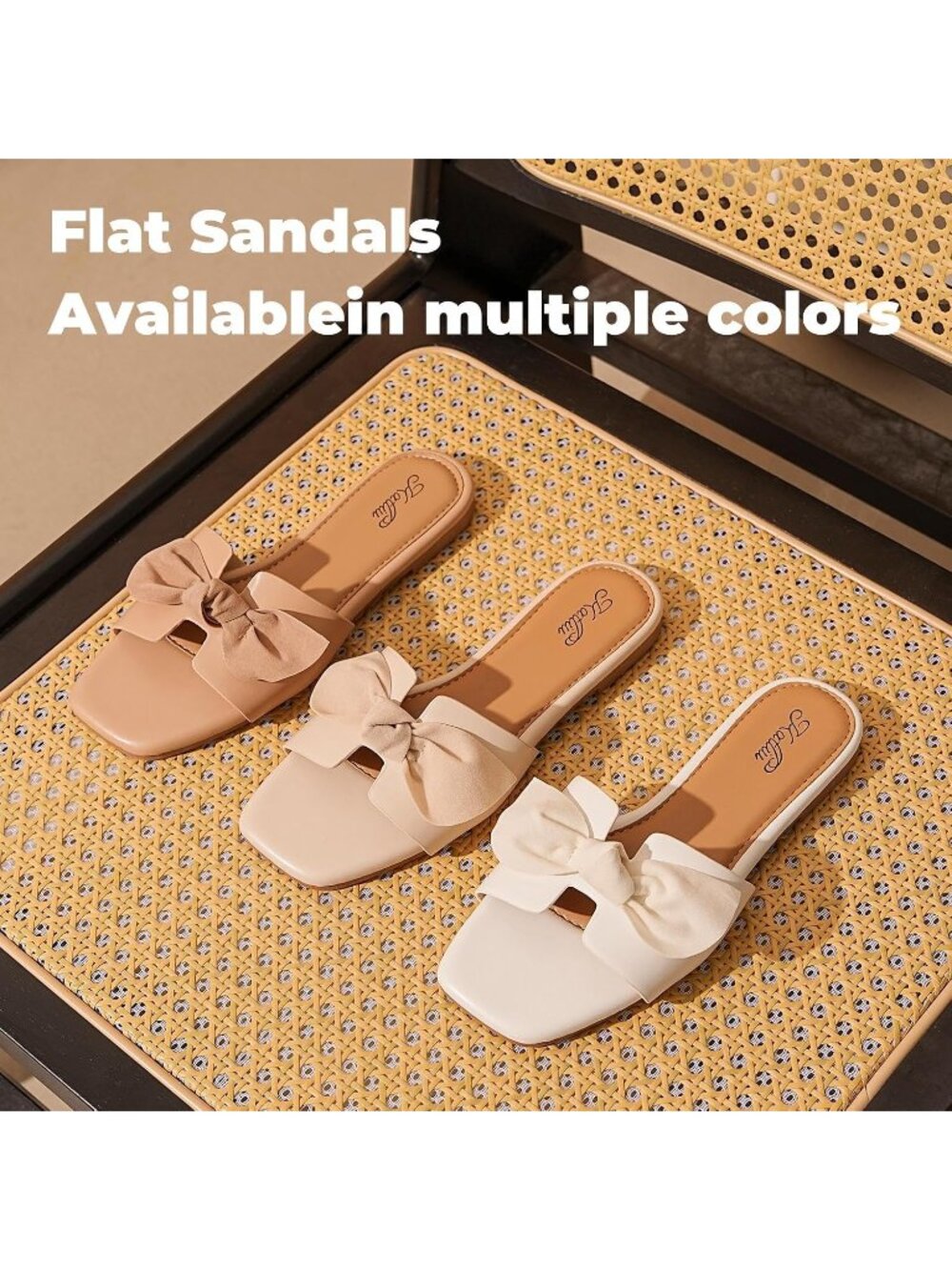 Women's Beige Summer comfort Square Open Toe Bow Bridal Slide Flat Sandals - Picture 7 of 7